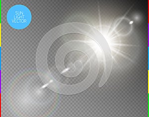 Vector transparent sunlight special lens flare light effect. Isolated sun flash rays and spotlight. White front translucent