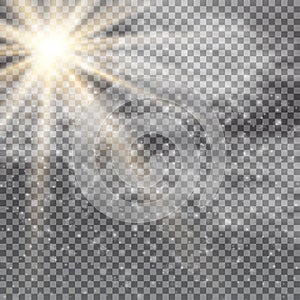 Vector transparent sunlight special lens flare light effect. Sun flash with rays , snow, clouds and spotlight