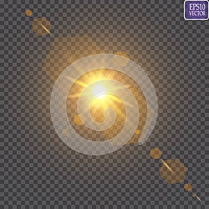 Vector transparent sunlight special lens flare light effect. Sun flash with rays and spotlight
