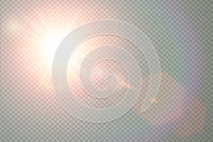 Vector transparent sunlight special lens flare light effect. Sun flash with warm rays and spotlight. Abstract translucent decor