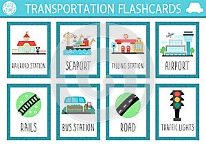 Vector transportation flash cards set with railroad station, seaport, airport. English language game with cute transport places