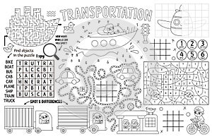 Vector transportation placemat for kids. Transport printable activity mat with maze, tic tac toe chart, connect the dots, find