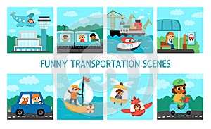 Vector transportation scenes set. Cute kids driving different transport. City, air, sea, road vehicles square landscapes with boys