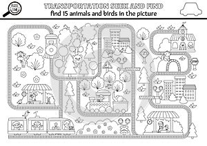 Vector transportation searching black and white game with city landscape, rails, trains. Spot hidden animals, birds coloring page