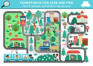 Vector transportation searching game with city landscape, rails, trains. Spot hidden animals and birds in the picture. Simple