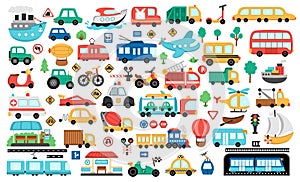 Vector transportation set. Funny water, land, air underground transport collection for kids. Cars and vehicles clip art. Cute