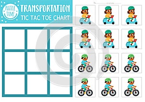 Vector transportation tic tac toe chart with girl and boy riding bike and scooter. Board game playing field with cute characters.