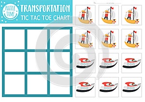 Vector transportation tic tac toe chart with yacht and speedboat. Board game playing field with cute characters. Funny water