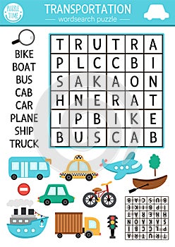 Vector transportation wordsearch puzzle for kids. Simple word search quiz. Educational activity with plane, ship, car, bus, boat, photo