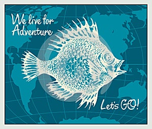 Vector travel banner with big fish and world map