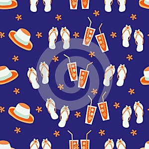 Vector travel fun seamless pattern background with flip flops, hats, shells, drinks glasses, sun. Tropical neon repeat