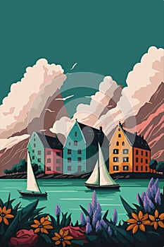 Vector Travel landscape design, beautiful town near water sailing in boats recreation vector flat illustration