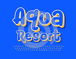 Vector travel poster Aqua Resort. Bright Blue handwritten Font. Modern playful Alphabet Letters and Numbers