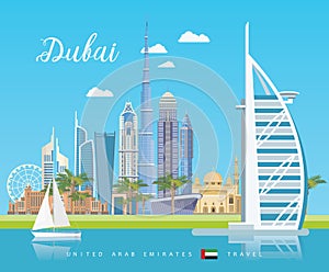 Vector travel poster of United Arab Emirates. Dubai. City view. UAE template with modern buildings and mosque in light style.