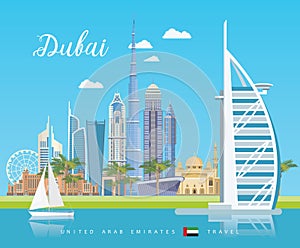 Vector travel poster of United Arab Emirates. Dubai. City view. UAE template with modern buildings and mosque in light style. photo