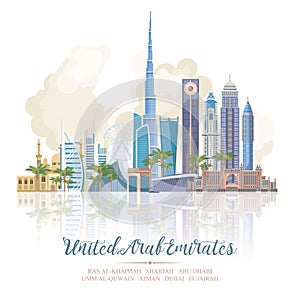 Vector travel poster of United Arab Emirates with mirror effect. UAE template with modern buildings and mosque in light style.