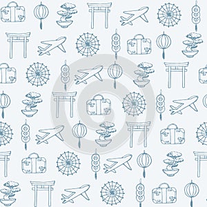 Vector travel to asia seamless pattern containing oriental contours: umbrellas, planes, suit cases, coins, lanterns, bonsai