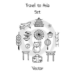 Vector travel to asia set. Includes plane, suitacse and oriental elements contours