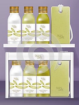 Vector Travel Toiletries Wash Bag Kit Set with Mini Screw Cap Bottle & Soap Bar. Lemon Verbena Themed Design.