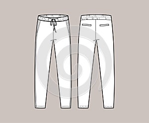 Vector trchnical sketch of joggers pants with cords and pockets. Front and back side. Unisex troussers.