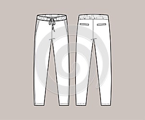 Vector trchnical sketch of joggers pants with cords and pockets. Front and back side. Unisex troussers. photo