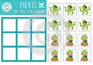 Vector treasure island tic tac toe chart with pirate octopus, mermaid. Sea adventures board game playing field with cute