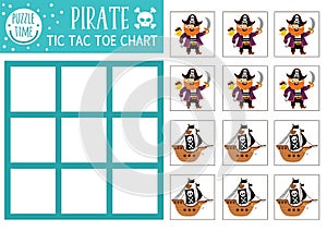Vector treasure island tic tac toe chart with pirate and ship. Sea adventures board game playing field with cute characters. Funny