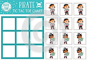 Vector treasure island tic tac toe chart with pirates. Sea adventures board game playing field with cute characters. Funny marine