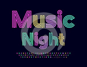 Vector trendy banner Music Night. Colorful maze Font. Bright set of abstract style Alphabet Letters, Numbers and Symbols