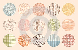 Vector trendy color circle textures made with ink, pencil, brush. Set of hand drawn patterns. Geometric doodle shapes of