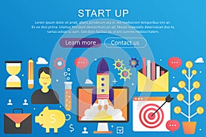 Vector trendy flat gradient color Startup business concept template banner with icons and text.