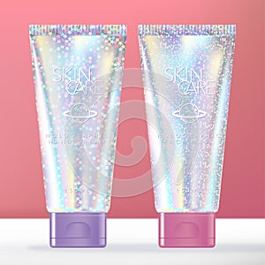 Vector Trendy Glitter Holographic Beauty or Toiletries Tube Packaging for Hand Cream, Lotion