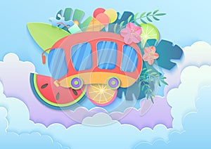 Vector trendy gradient cuted paper style summer vacation concept with bus in clouds, surfing board, fruits, cocktail