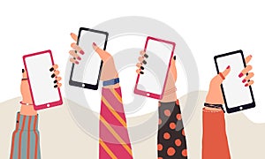 Vector trendy illustration of cartoon people hands using smartphones. Modern communication concept of arms holding mobile phone