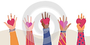 Vector trendy illustration with different hands holding heart. Concept of giving and sharing love to people, volunteering, charity photo
