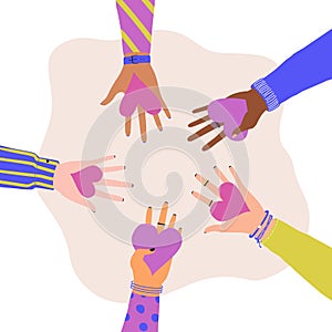 Vector trendy illustration with different hands holding hearts. Concept of giving and sharing love to people, volunteering