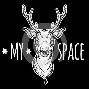 Vector trendy illustration with sketched deer head. My space. Concept art. Tattoo, prints, textile, magic, space and nature symbol