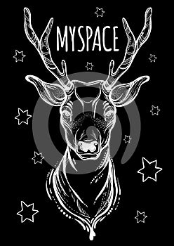 Vector trendy illustration with sketched deer. My space. Concept art. Tattoo, astrology, alchemy, magic, space and nature symbol