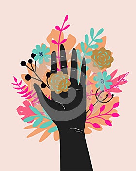 Vector trendy illustration with woman hand isolated with flowers. Cute romantic design for Save the Planet poster