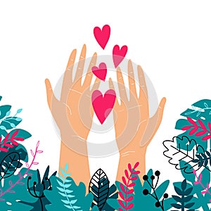 Vector trendy illustration with woman hands isolated with plants and hearts. Cute romantic design for Save the Planet poster,