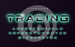 Vector trendy neon light or eclipse style futuristic glowing font design, alphabet, typeface, letters and numbers. photo