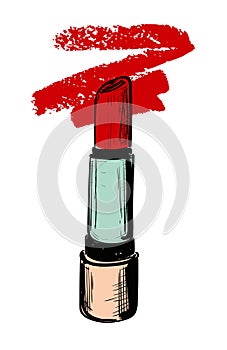 Vector trendy red lipstick and smear on white background. Illustration in grunge sketch style