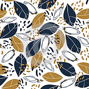 Vector trendy seamless pattern with botanical elements. Magnolia buds and leaves in deep blue and mustard colors.