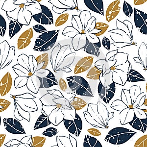 Vector trendy seamless pattern with botanical elements in vintage style.Magnolia flowers,buds and leaves in deep blue and mustard