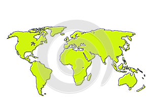 Vector trendy world map design. Flat earth with continents, outline and green color