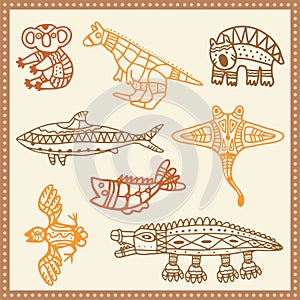 Vector Tribal Animals Set in Australian Aboriginal Style