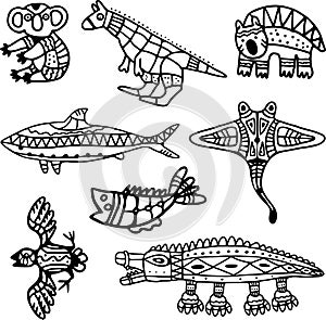 Vector Tribal Animals Set in Australian Aboriginal Style