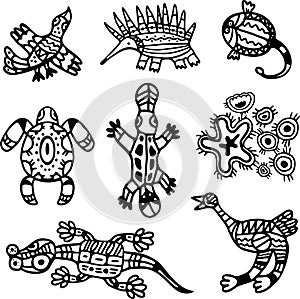 Vector Tribal Animals Set in Australian Aboriginal Style