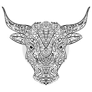 Vector Tribal Decorative Bull. Isolated Animal On Background. Zentangle Style