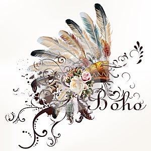 Vector tribal design in boho style. Headdress with feathers photo